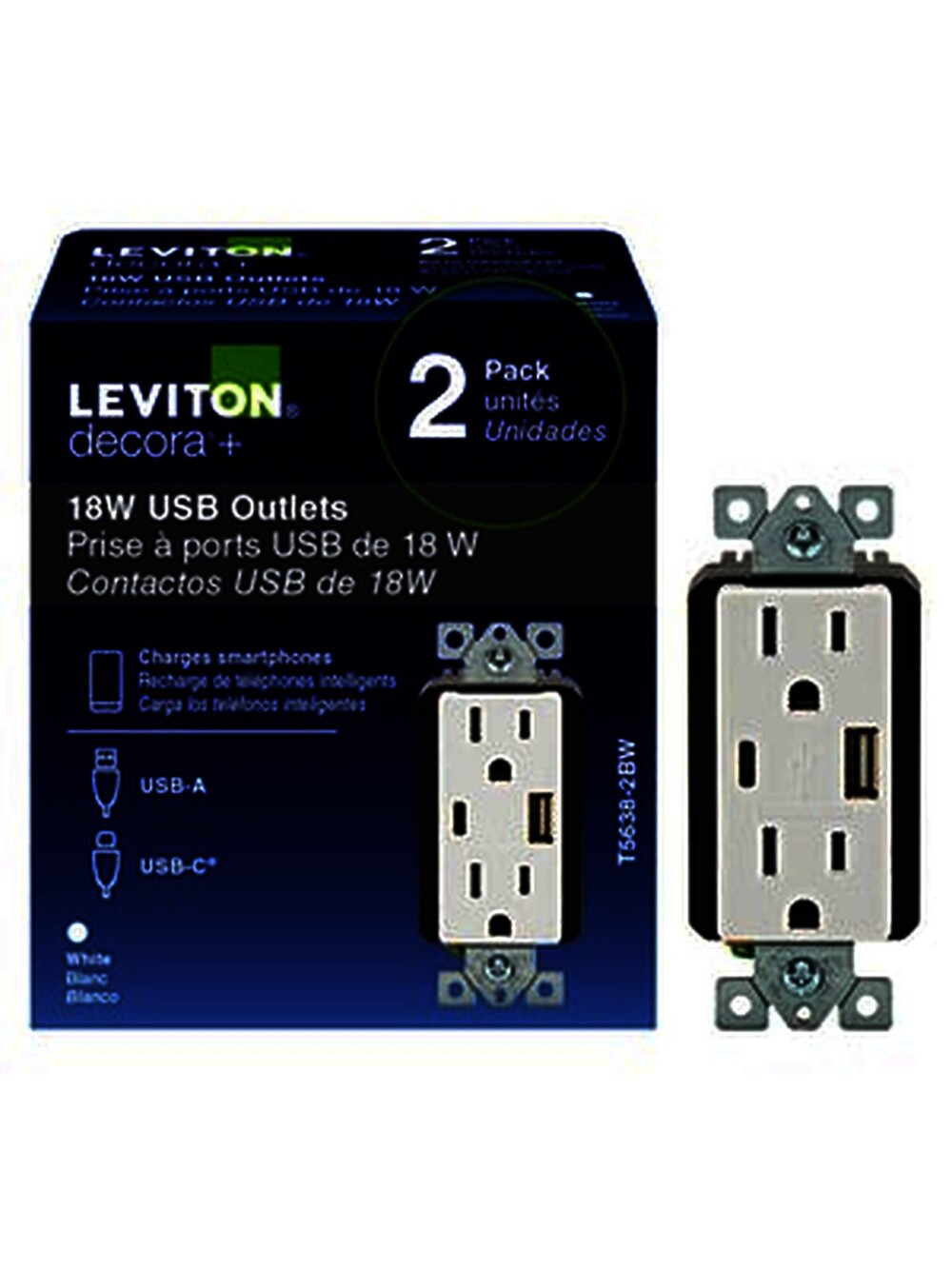 Leviton Decora USB-A / USB-C 18W Receptacle White